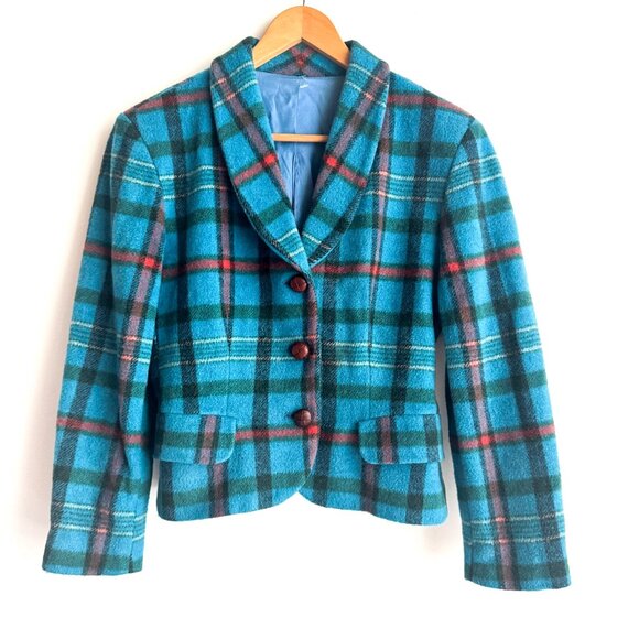 Vintage 90s Sisley Blue Plaid Cropped Leather Button Wool Blend Blazer S - Picture 1 of 8